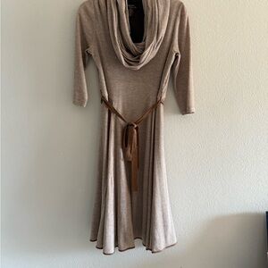 EUC Robbie Bee Tan Long Sleeve Dress with Cowl Neck. PTP 17-18, Length 41”